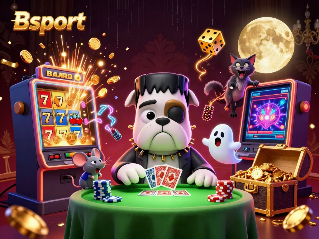 Bsport's lively casino scene featuring a Frankenstein bulldog and a werewolf kitten amidst dynamic game elements and a jackpot explosion.