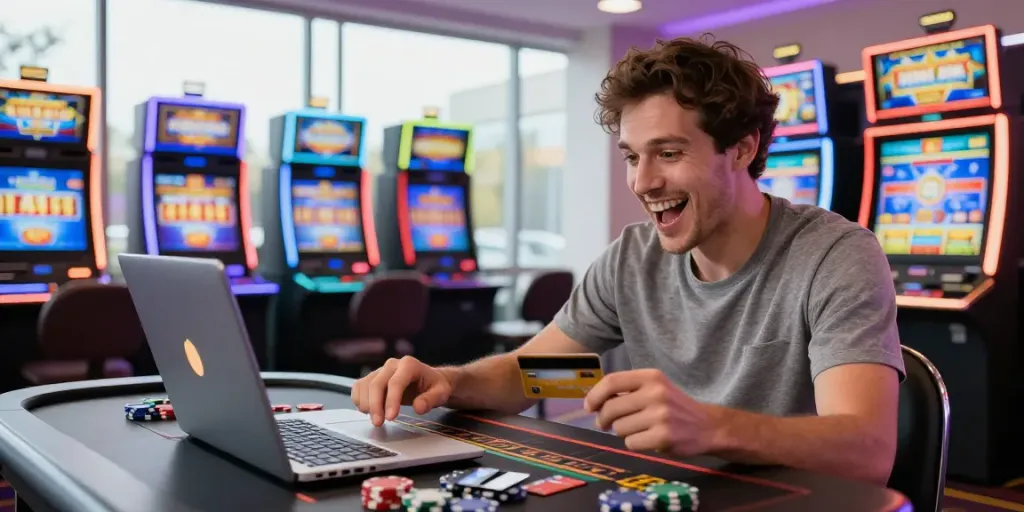 Engaged player at an exciting online casino environment with credit cards, symbolizing casinos that accept credit card.