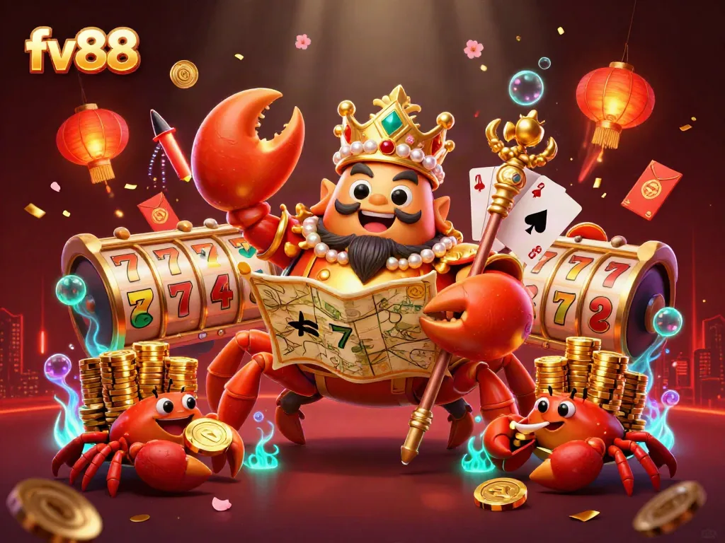 Experience thrilling slots with the golden crab emperor in an exciting fv88 casino scene.