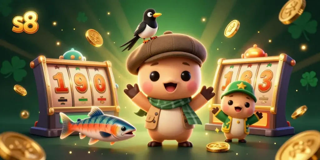 Engage with thrilling slots at s8 with 3D cartoon Nessie and friends celebrating wins.