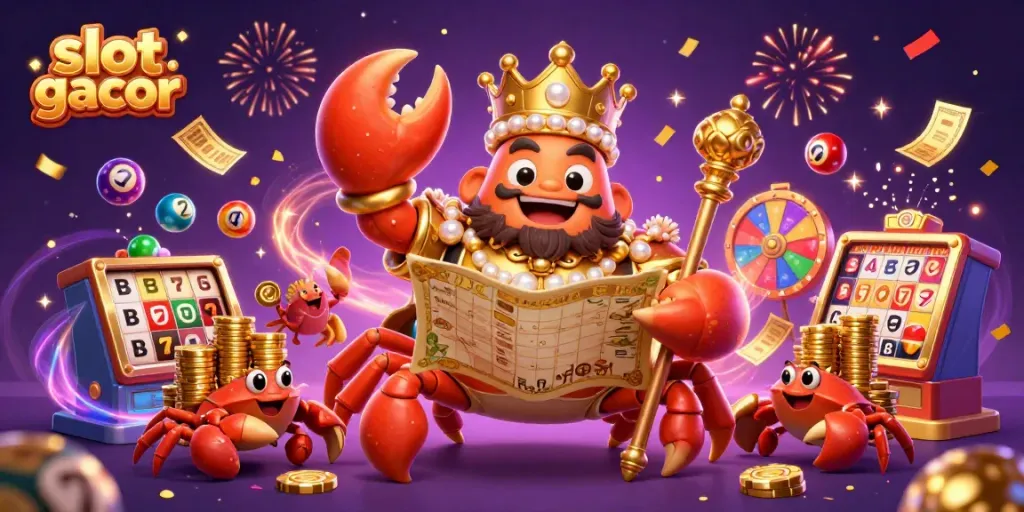 Experience the thrill of slot gacor with a golden crab emperor amidst vibrant casino elements.
