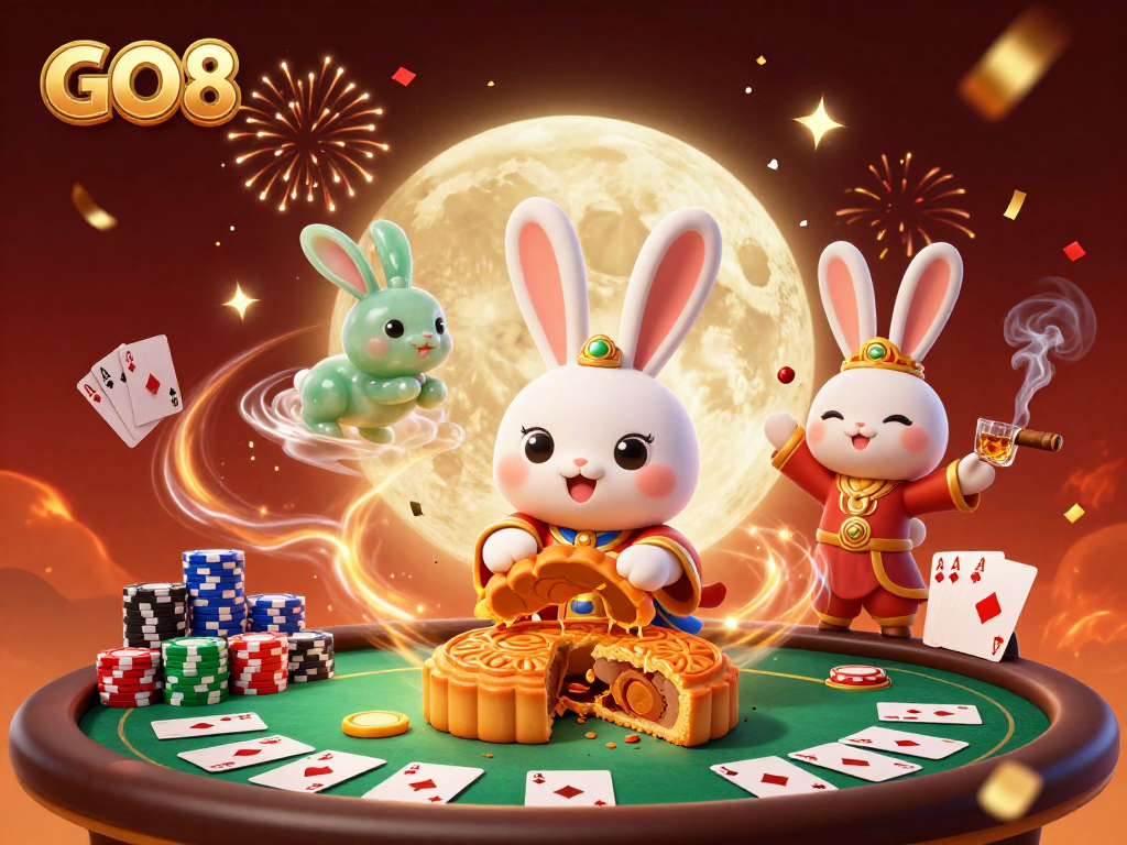 Experience GO8's dynamic casino world with a moon rabbit revealing poker chips and vibrant gambling elements.