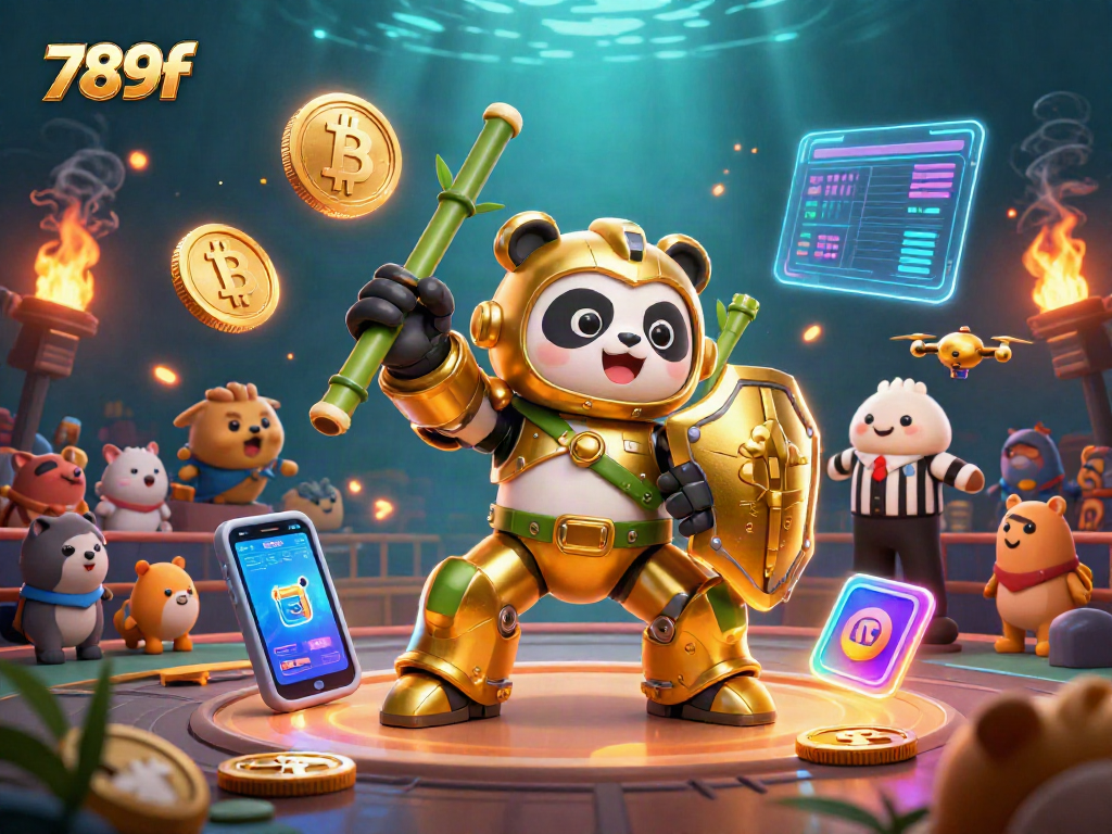 Experience the excitement of 789f with energetic golden panda battling in a lively crypto-themed arena.