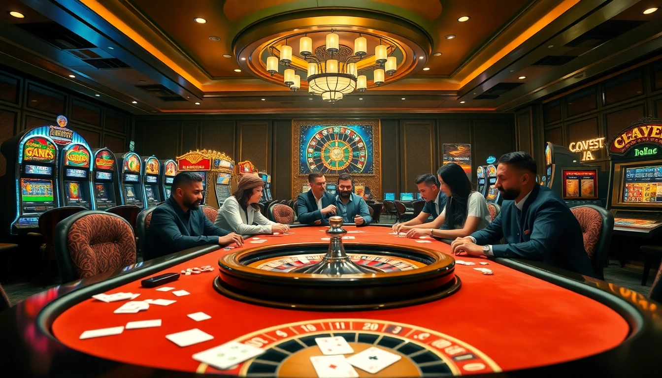 Players engage in high-stakes poker at a luxurious casino table, showcasing rikvip gaming excitement.
