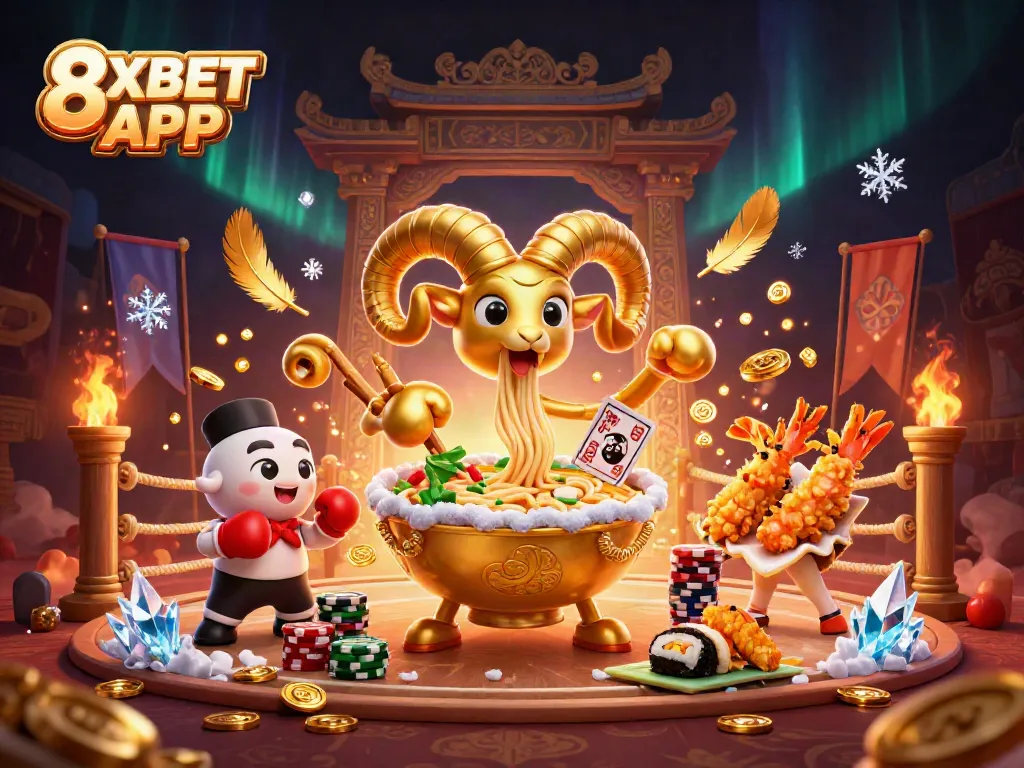 Engage with the dynamic 8XBET APP scene featuring the giant ramen bowl and its casino-themed friends.