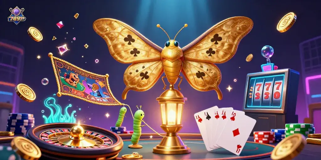 Experience the vibrant excitement at 789P casino with animated golden coins and dazzling gems spinning around a majestic lantern moth illustration.