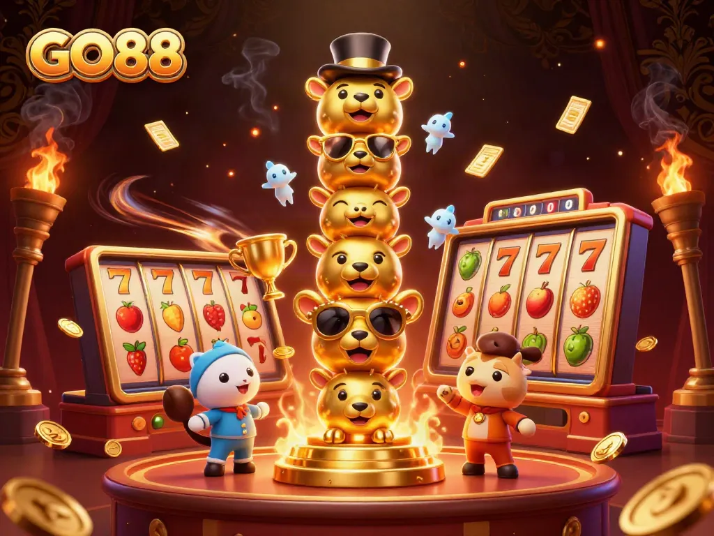 Experience the excitement of GO88 with a lively totem and vibrant slot reels.