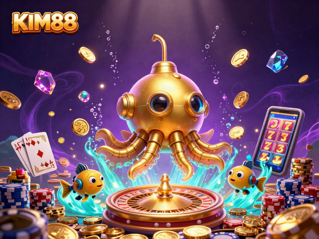 KIM88 casino scene featuring a golden kraken submarine amidst golden coins, vibrant gaming elements