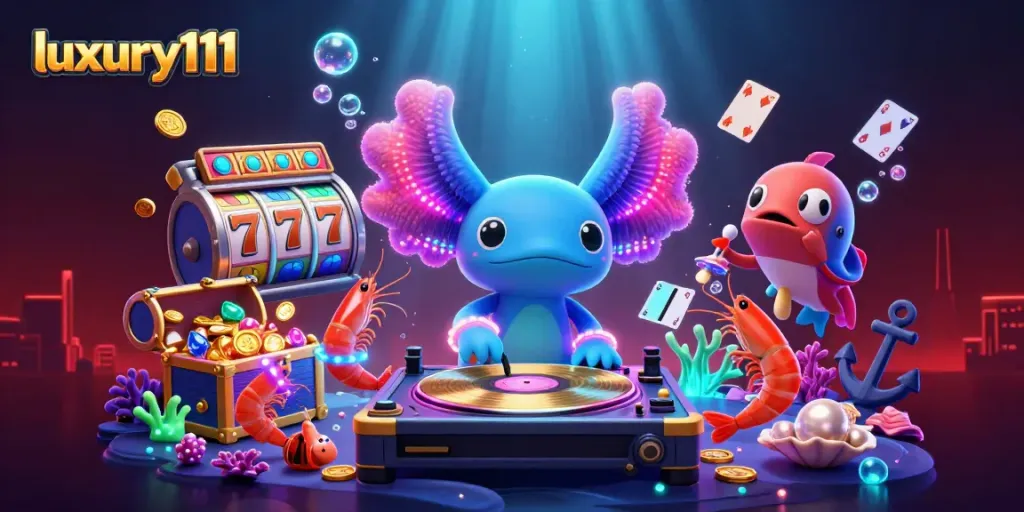Engage with luxury111 slot gaming through a vibrant underwater party featuring animated characters and casino elements.