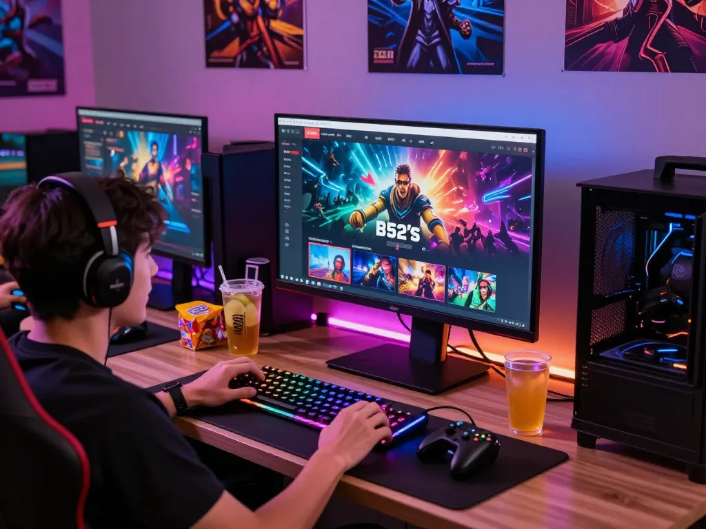 B52 gaming platform with a user engaged in gameplay, vibrant RGB keyboard and snacks on the desk.