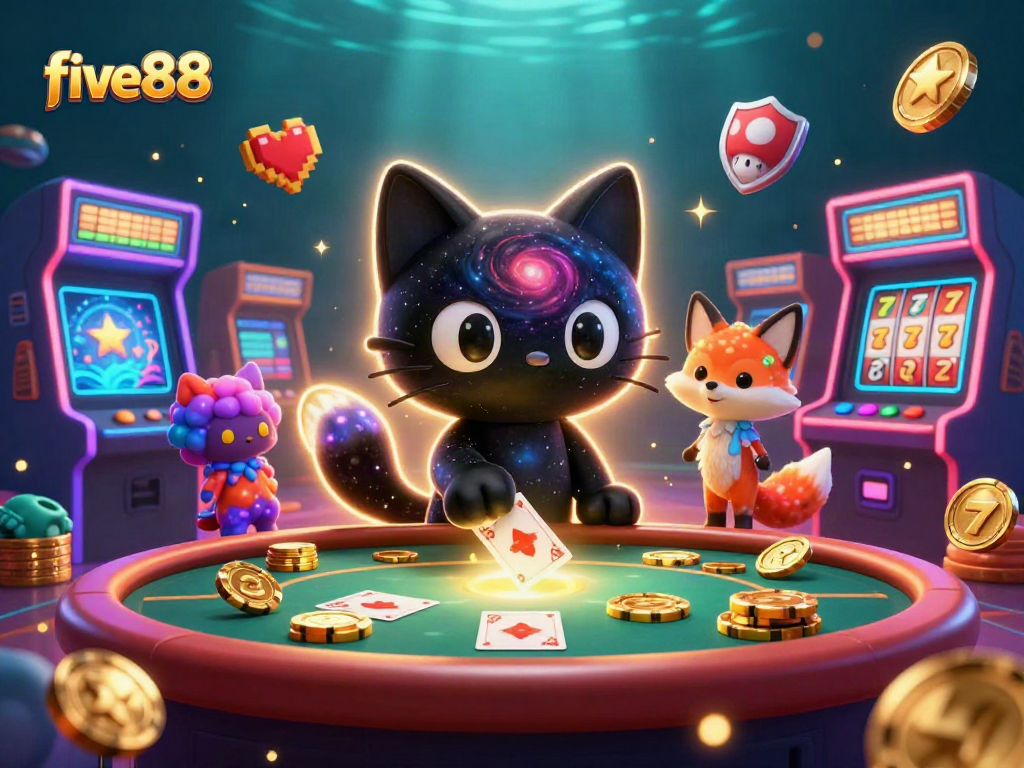 Engage with five88's vibrant cosmic casino, where a black hole cat and colorful nebula fox play with golden chips and slot reels.