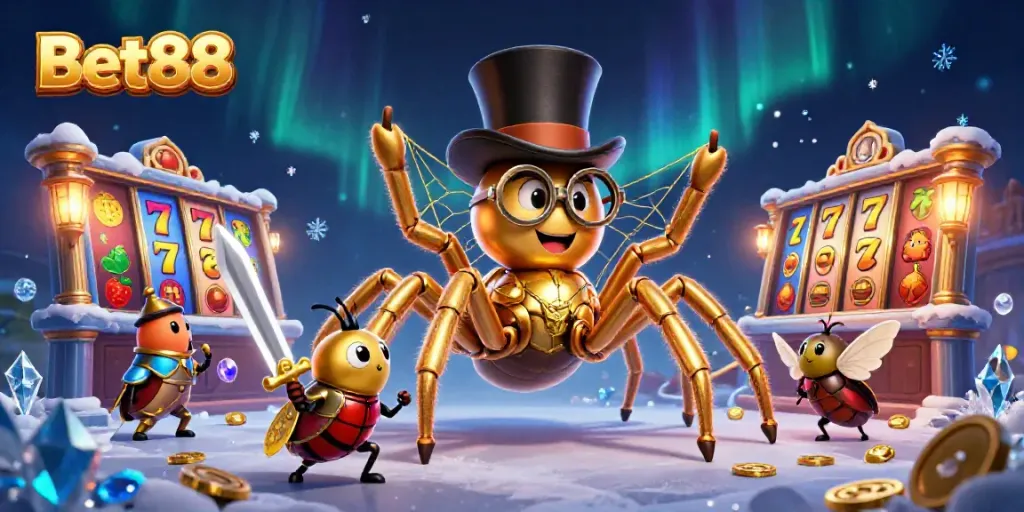 Engage with exciting slot adventures at Bet88, featuring a giant golden tarantula and beetle knight amidst colorful gaming elements.