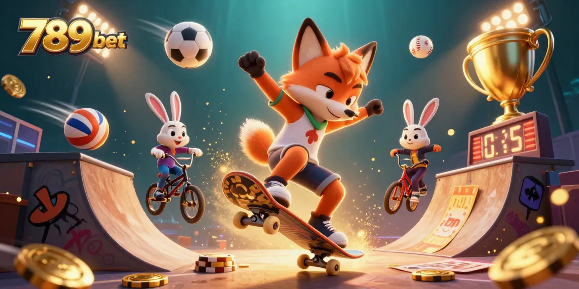 Experience the thrill of 789 bet as a fox performs tricks over a ramp made of golden poker chips in a packed casino scene.