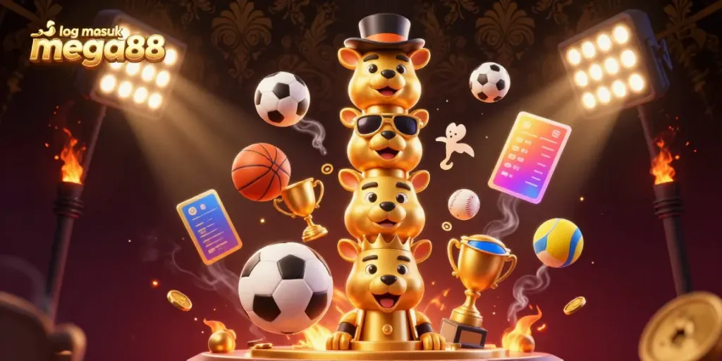 Engaging illustration of log masuk mega888, showcasing a dynamic casino theme with vivid totem poles and sports elements.