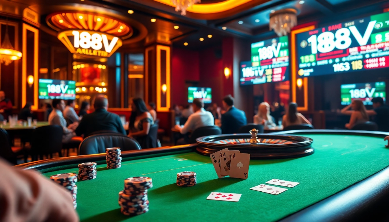 Players enjoying high-stakes poker at the 188V casino, surrounded by vibrant chips and cards.