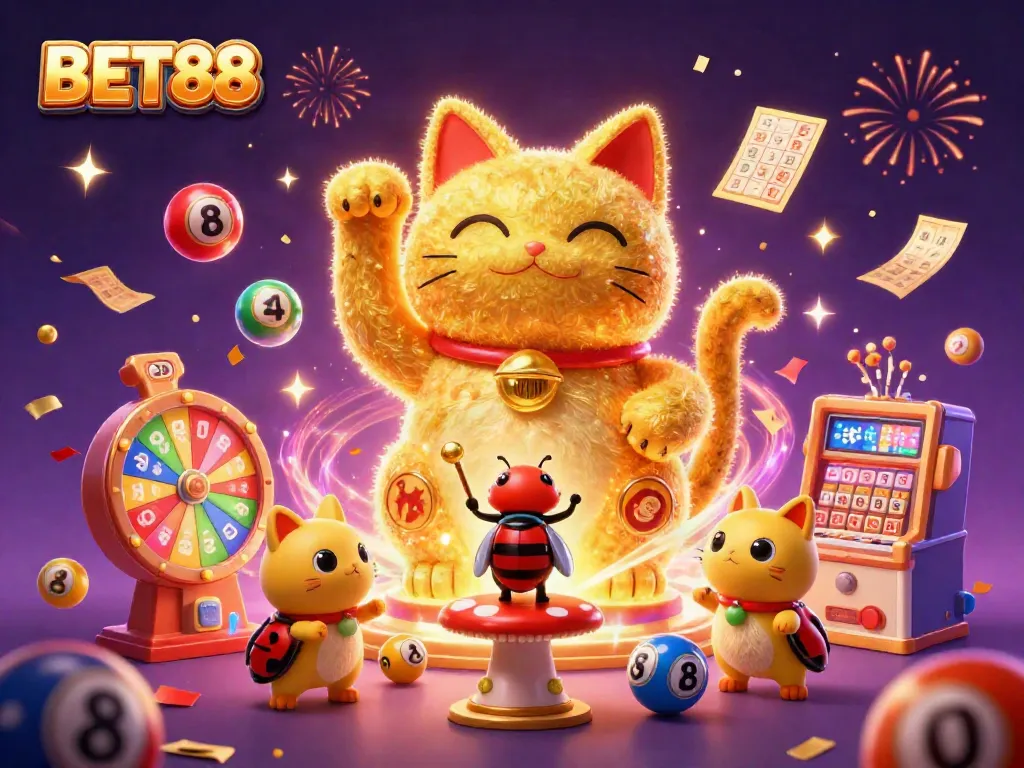 Experience the thrill of BET88 with a magical scene of a golden lucky cat and festive game elements.