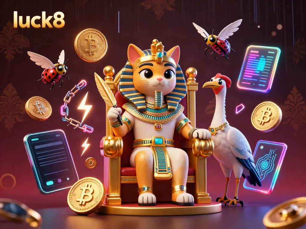 Engage with luck8's vibrant casino theme featuring a pharaoh cat and crypto elements.