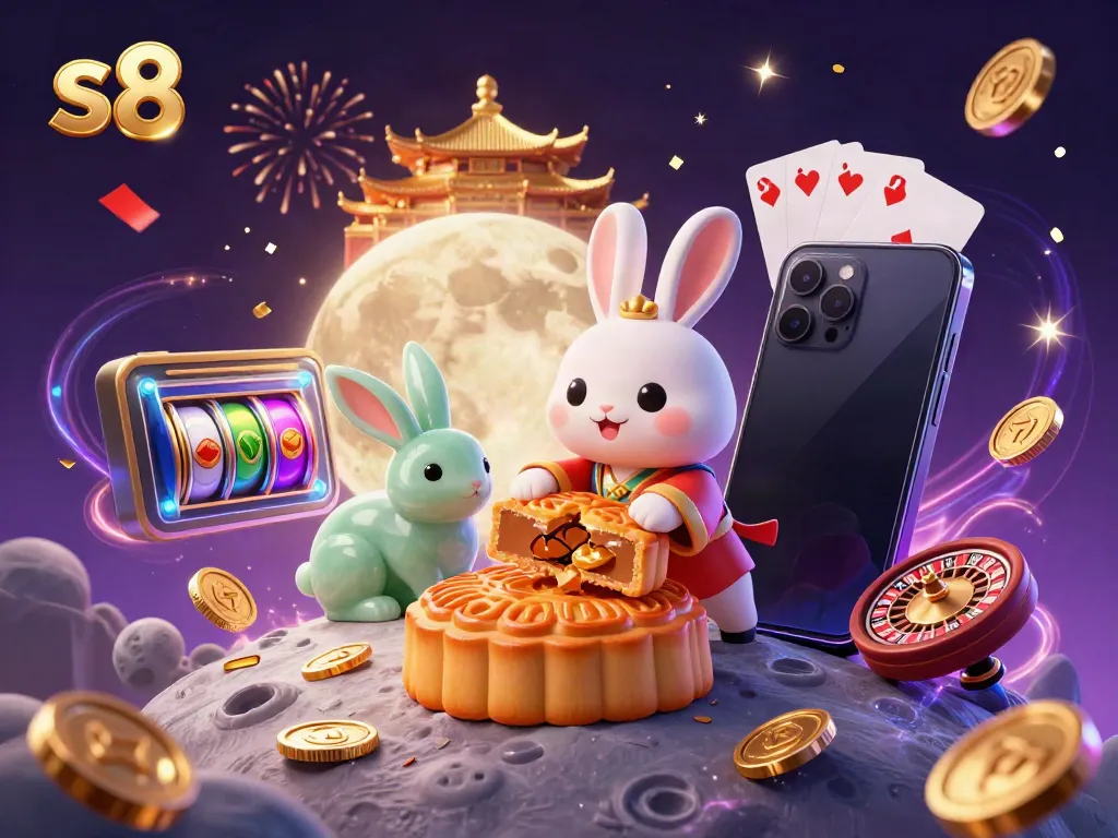 S8 casino scene featuring a 3D moon rabbit and jade rabbit surrounded by dynamic gambling elements.