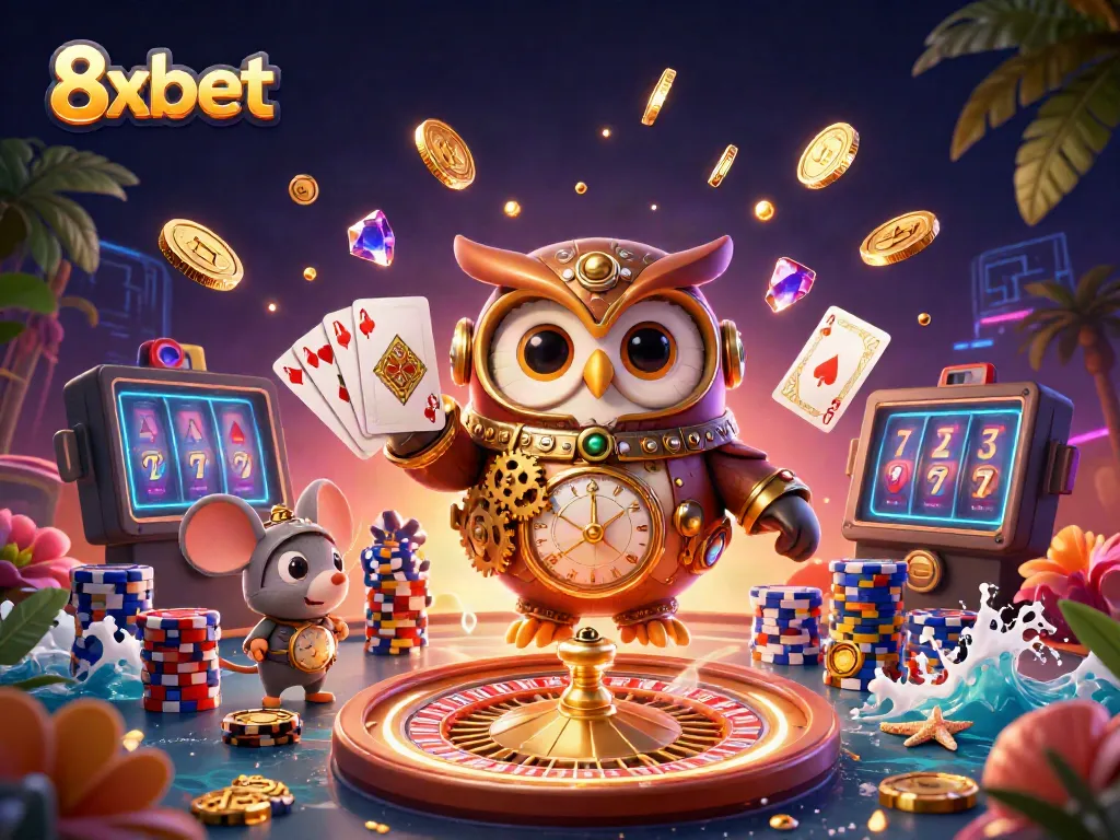 Engage with 8xbet through a vibrant 3D casino scene featuring a time-traveler owl and dynamic gaming elements.