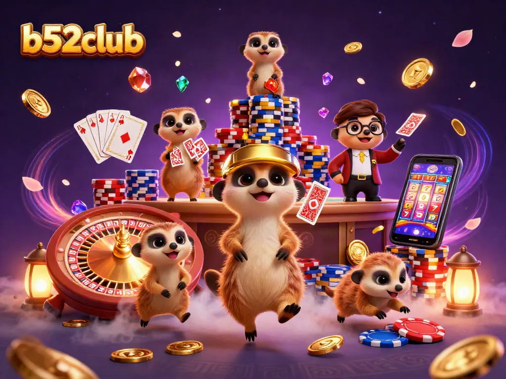 B52club meerkats running a vibrant casino with golden coins and colorful poker chips, showcasing excitement and winning.