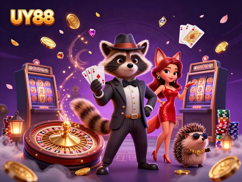 Experience thrilling gaming at UY88 with a suave raccoon, stunning fox, and charming hedgehog.