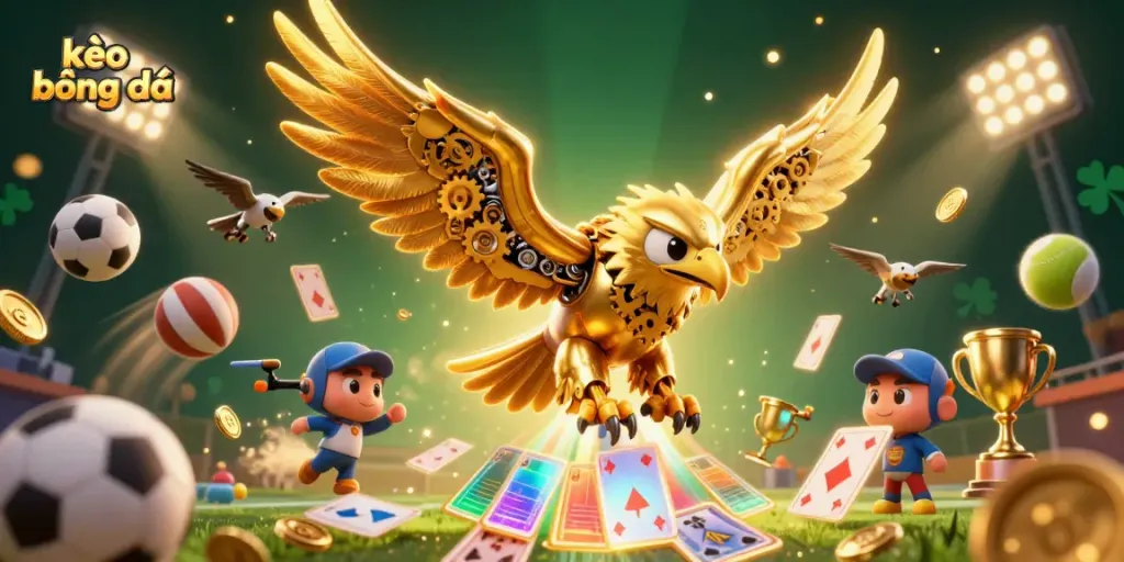 Experience thrilling kèo bóng đá action with a dynamic illustration of a golden eagle among sports elements, emphasizing energy and excitement.