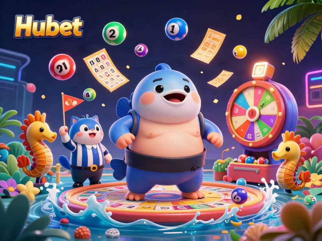 Engage with Hubet's exhilarating lottery scene featuring dynamic fugu, catfish, and colorful balls.