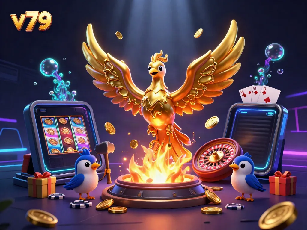 Experience the thrill of v79 with a golden phoenix and exciting casino elements in this vibrant illustration.