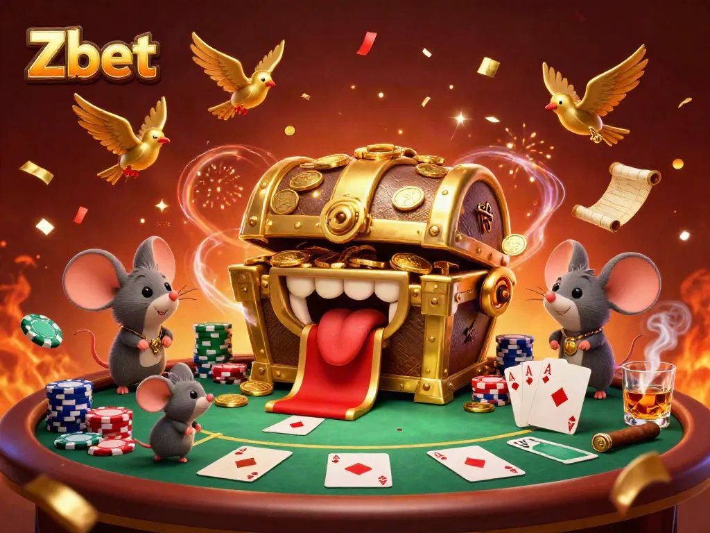 Engage in thrilling games at Zbet with a golden treasure chest luring players to riches surrounded by poker elements.