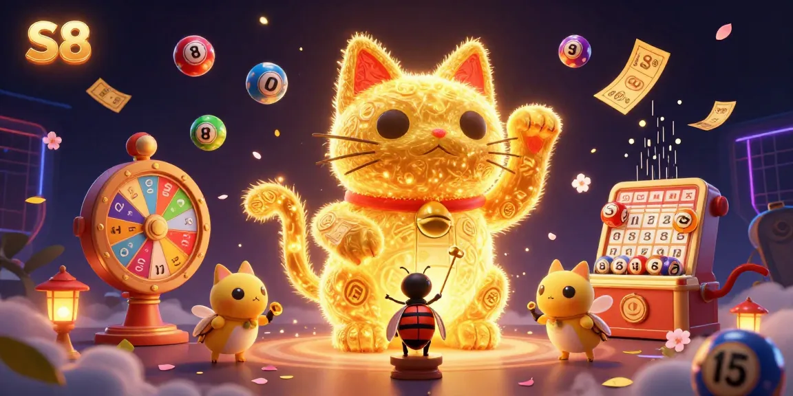S8 brings luck with a golden cat illustration waving amid vibrant casino symbols.