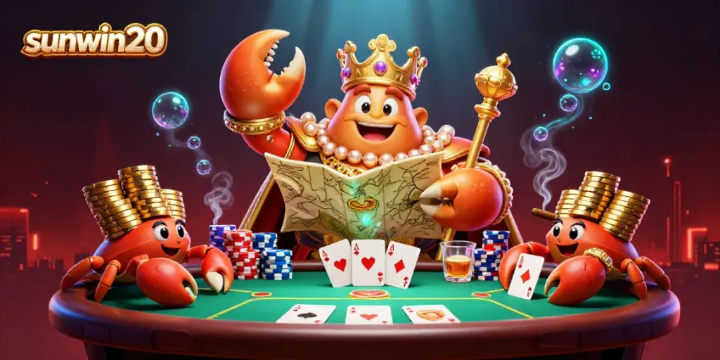 Experience thrilling gameplay with sunwin20 at a vibrant poker scene featuring a golden crab emperor.