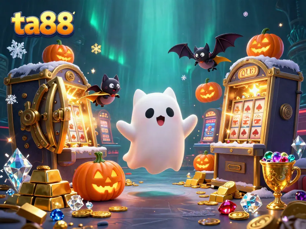 Experience the thrilling ta88 casino adventure with a ghost cat and vampire bat amidst glowing treasures.