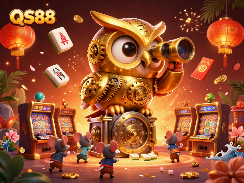 Play exciting slot games at QS88 casino with the detailed golden owl and vibrant game elements.