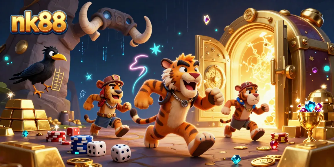 Experience the thrill of nk88 with a dynamic prehistoric casino scene featuring vibrant characters and dazzling treasures.
