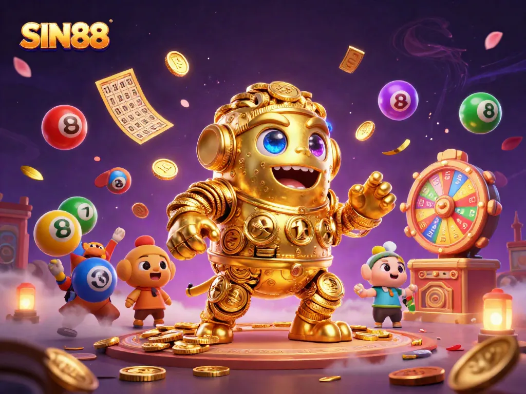 SIN88 showcases a vibrant 3D golem and interactive lottery elements celebrating online gaming thrills.