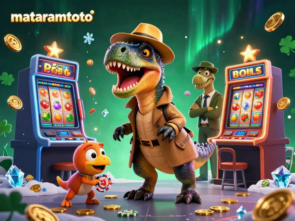 Catch thrilling moments at mataramtoto with a velociraptor and stegosaurus at a vibrant slot machine.