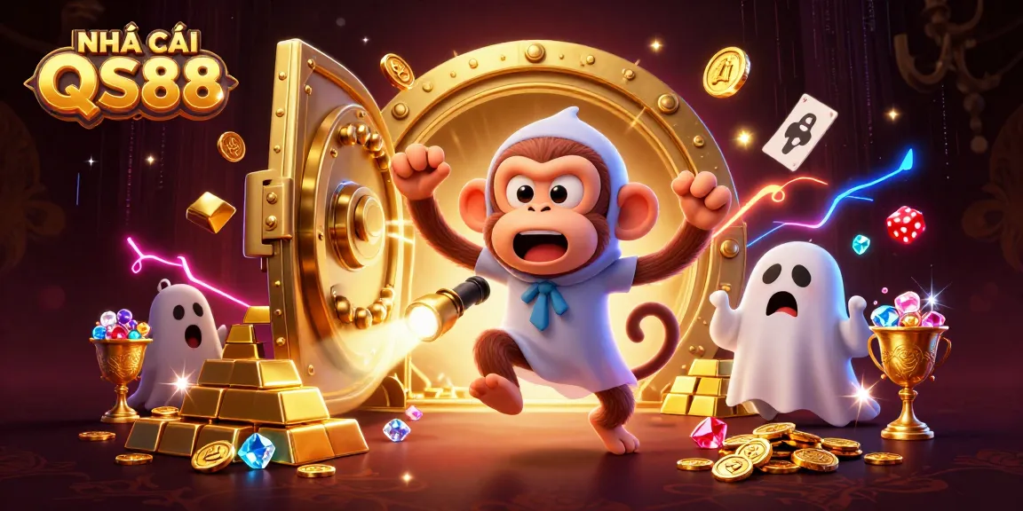 NHÀ CÁI QS88 showcases a playful scene with a magical monkey juggler and a curious puppy in a rich casino