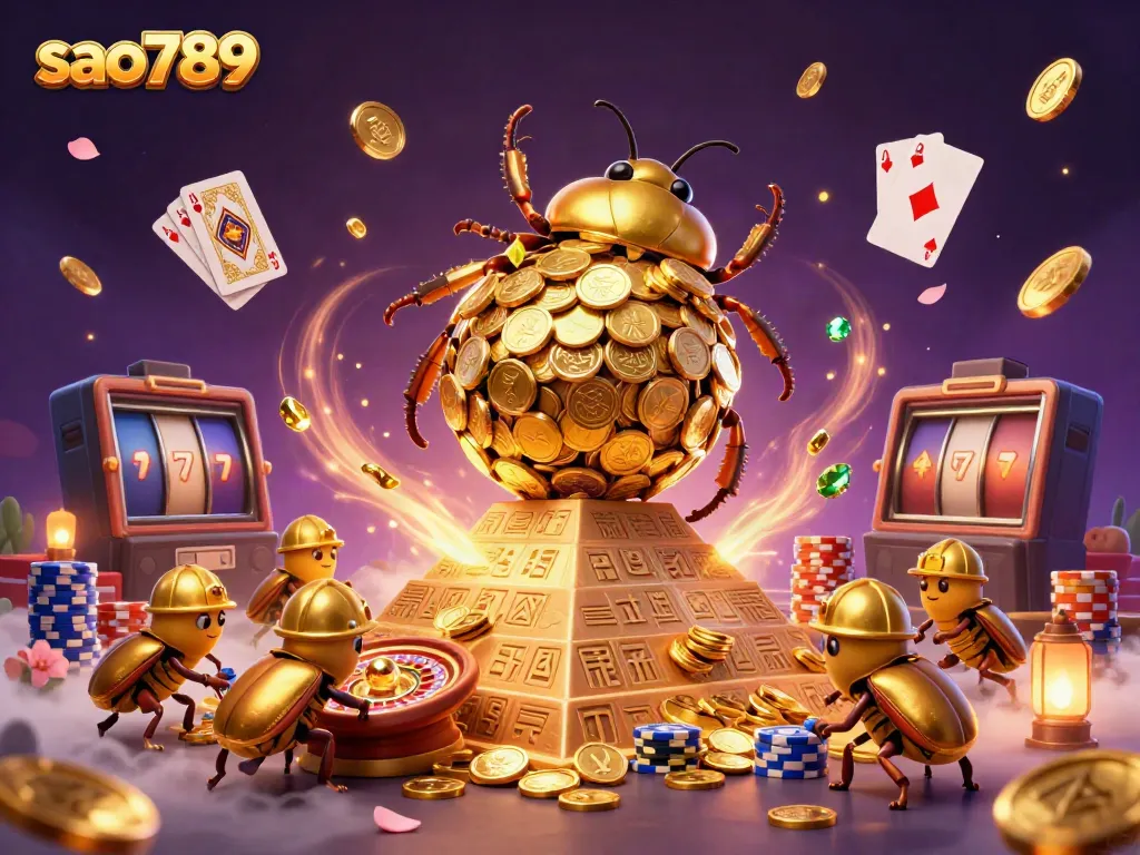 Experience thrill at sao789 with a golden dung beetle and casino elements in a vibrant scene.