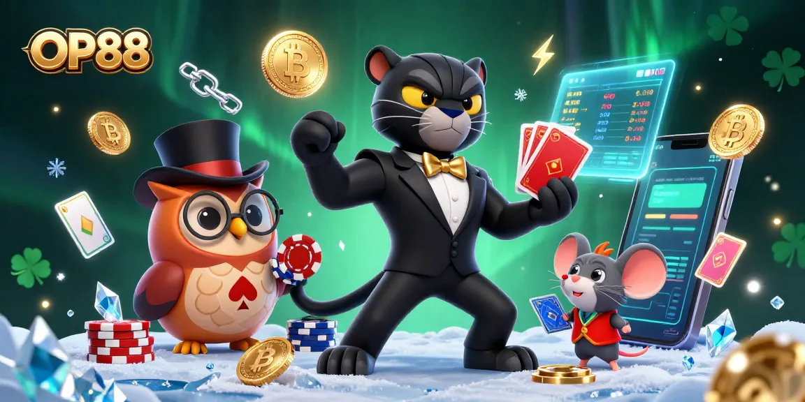 Engage with OP88's thrilling card game as a stylish panther deals elegantly amid vibrant casino elements.