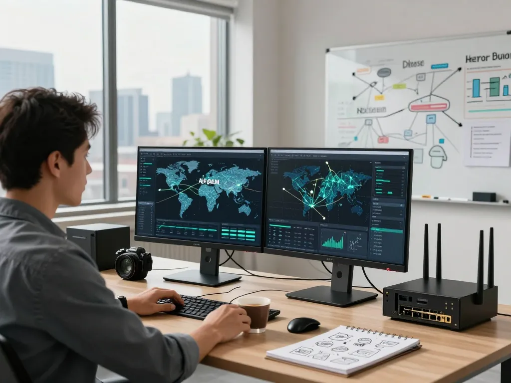 快连 network optimization software in a modern workspace with advanced AI routing technology.