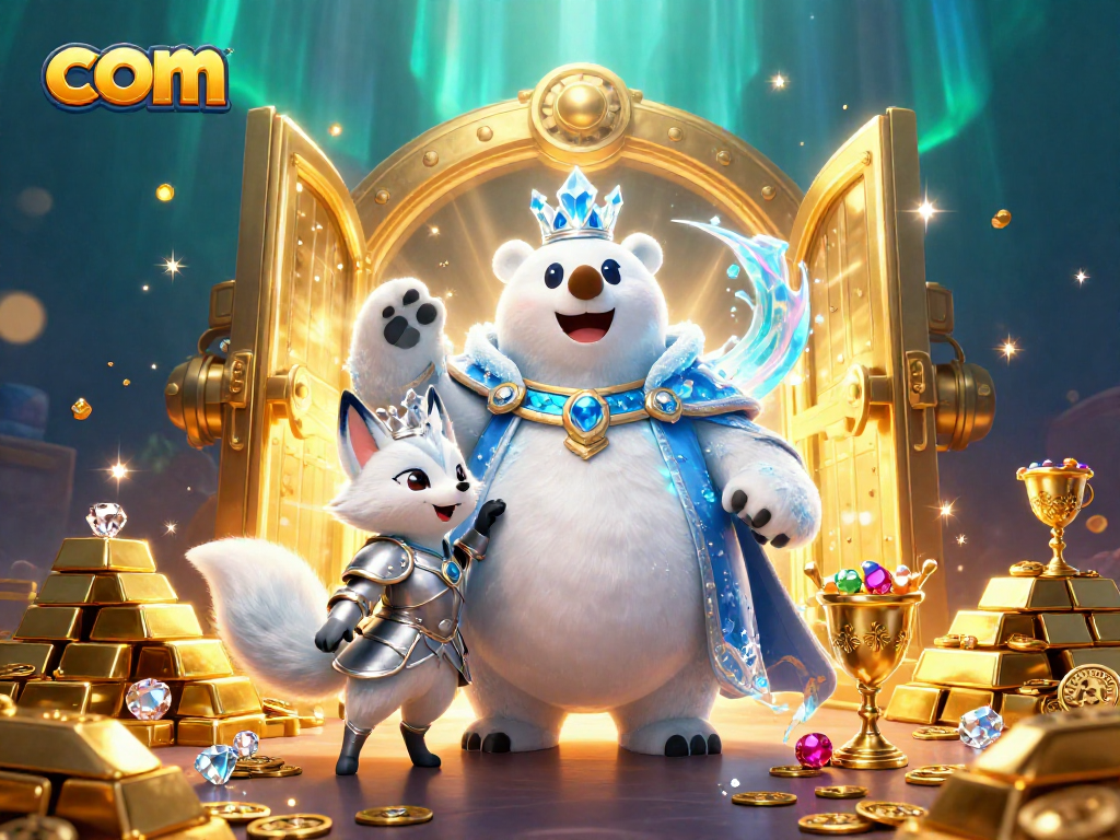 Join the fun at com with the ice king polar bear and snow fox, showcasing gold treasures and casino games.