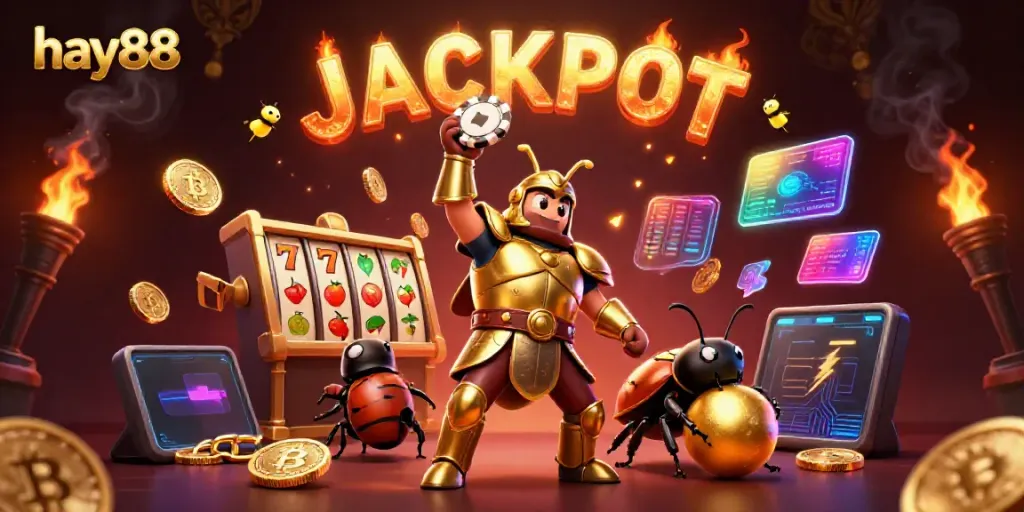 Experience the thrill of hay88 as the victorious beetle lifts a poker chip in a vibrant casino scene.