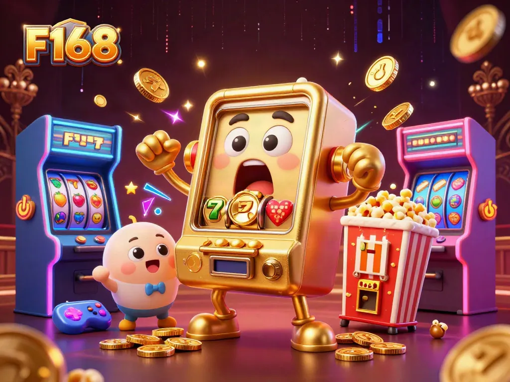 Spin the F168 slot machine as it hits the jackpot, showering coins amidst cheering baby slots.