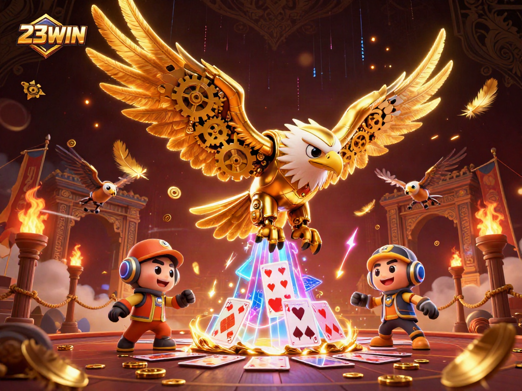 23WIN showcases a cybernetic golden eagle diving through holographic cards, highlighting online casino excitement.