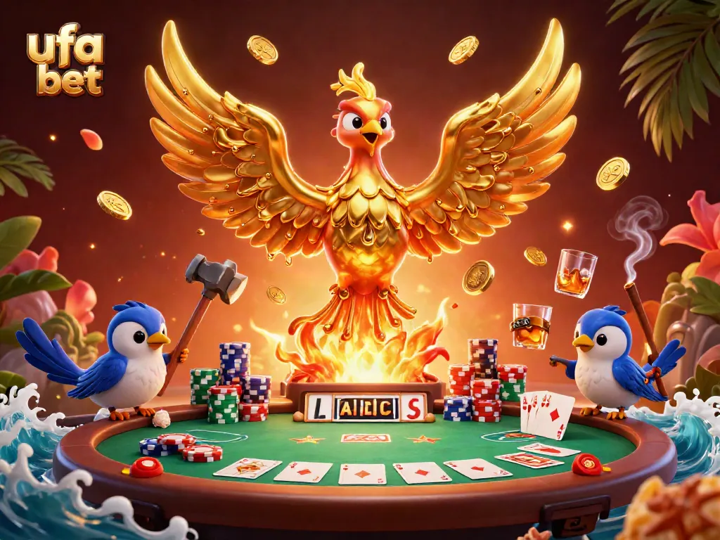 Engage with ufa bet's thrilling 3D illustration of a golden phoenix and poker elements.