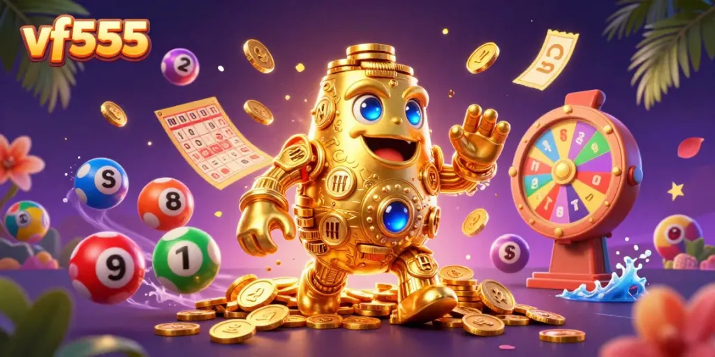 Engage with vf555 characters in a vibrant casino scene filled with rich game elements and gold.