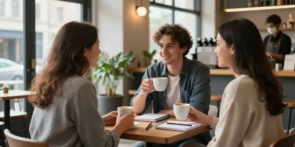 Engaging scene of a young man learning how to talk to women in a coffee shop setting.