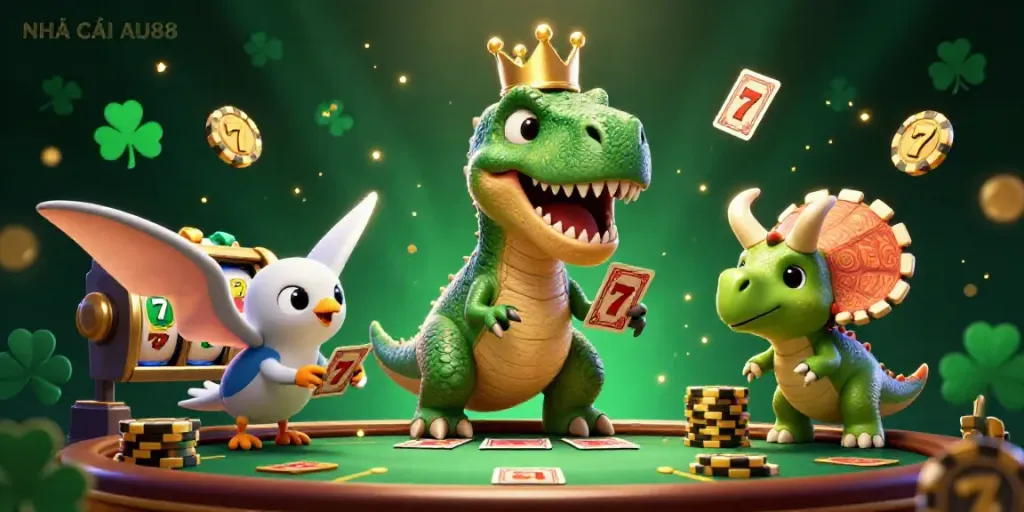 Engage with NHÀ CÁI AU88 in a vibrant cartoon scene with T-Rex and friends enjoying gambling activities.