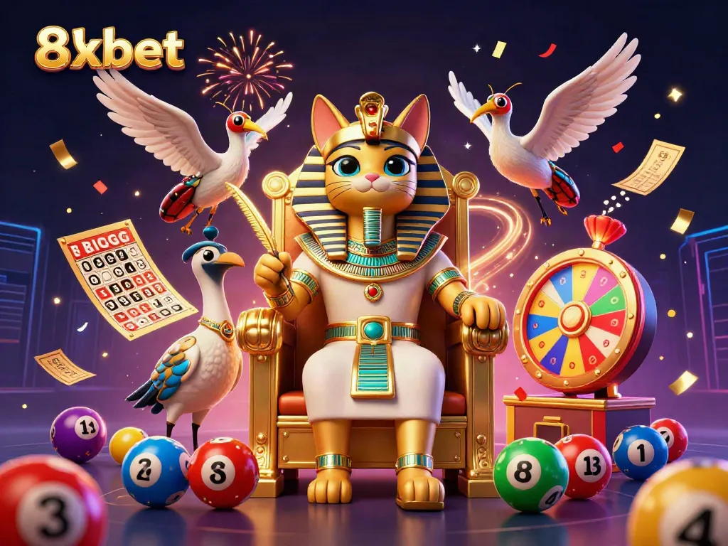 Experience 8xbet with vibrant lottery-themed illustration and festive characters.