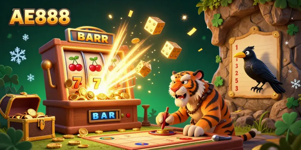 Experience thrilling gaming at AE888 with a vibrant prehistoric casino scene featuring dynamic characters and exciting game elements.